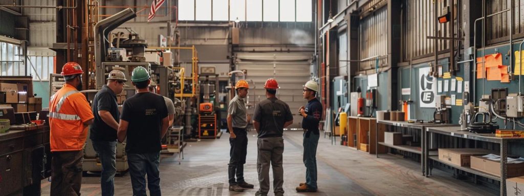 a well-lit industrial workspace in long beach showcases a diverse group of professionals engaged in a dynamic safety meeting, surrounded by clearly marked safety equipment and informative posters, embodying a proactive culture of workplace safety and open communication.