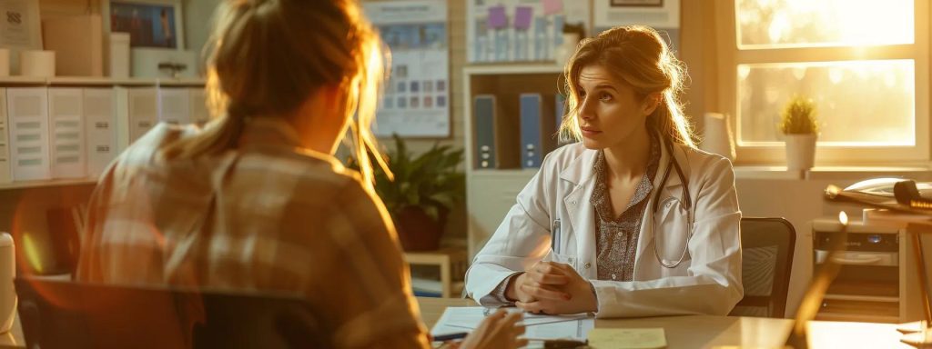 an empathetic workers' compensation attorney sits across from an injured client in a warmly lit office, providing comforting guidance amid a backdrop of legal documents and supportive resources, embodying trust and assurance during a challenging recovery period.