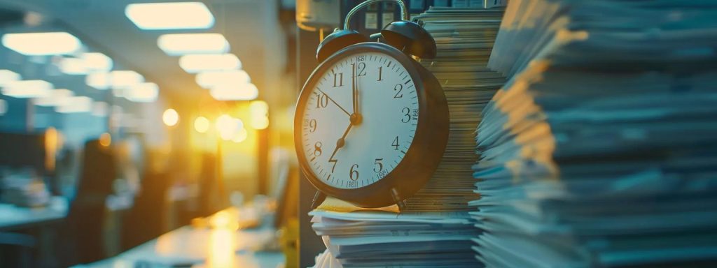 an impactful visual of a ticking clock set against the backdrop of a blurred office filled with stacked paperwork, symbolizing the urgency and critical nature of filing deadlines in workers' compensation claims.