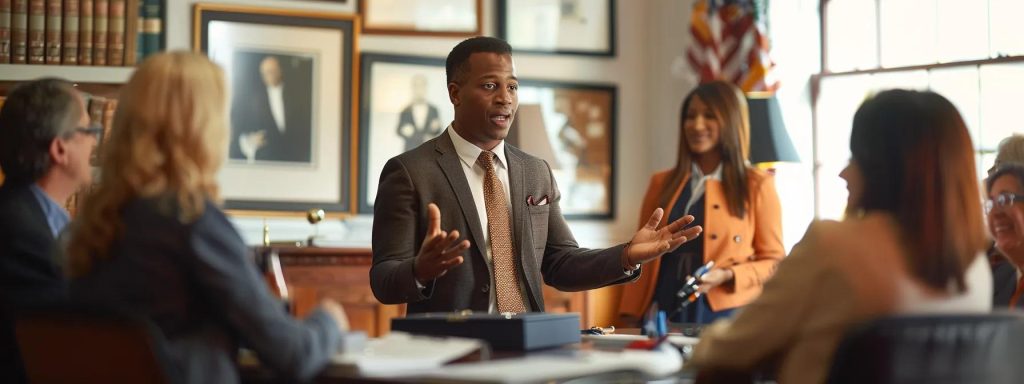 an inspiring scene of a local attorney confidently engaging with a diverse group of satisfied clients, all in a warmly lit office filled with certificates and community awards, symbolizing the transformative impact of personalized legal representation.