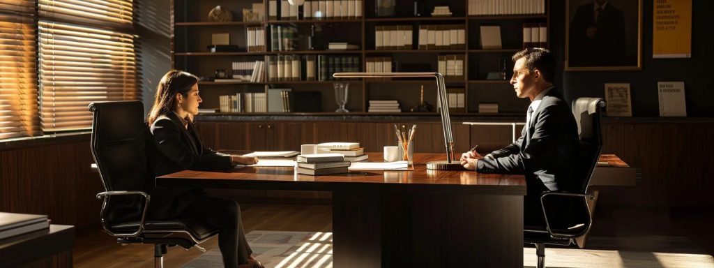 a confident attorney and a relieved client sit across a sleek, modern desk in a warmly lit office, surrounded by legal books and documents, symbolizing the power of negotiation in securing fair compensation for a workers' compensation claim.