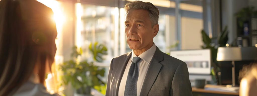 a confident attorney stands in a sunlit office, engaged in a compassionate conversation with a client, conveying trust and understanding through their expressive gestures and attentive demeanor.