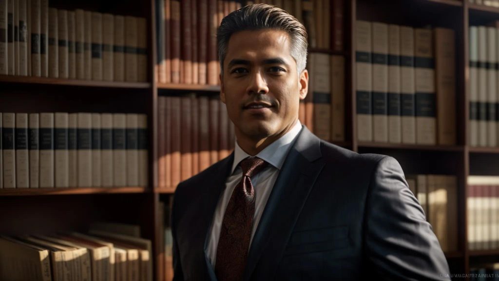 a confident attorney stands in a sunlit long beach office, surrounded by legal books and documents, exuding professionalism and expertise in workers' compensation law.