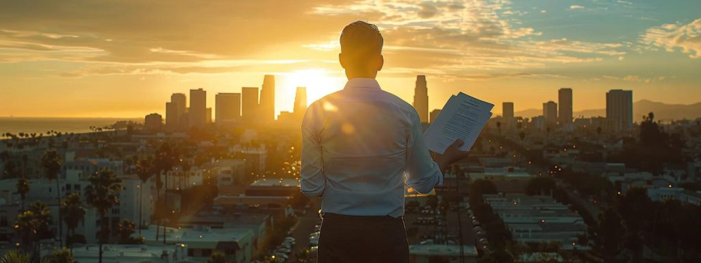 a confident individual stands in front of a sunlit long beach skyline, holding a stack of legal documents, symbolizing the journey of finding the ideal workers' compensation lawyer amidst a vibrant urban backdrop.