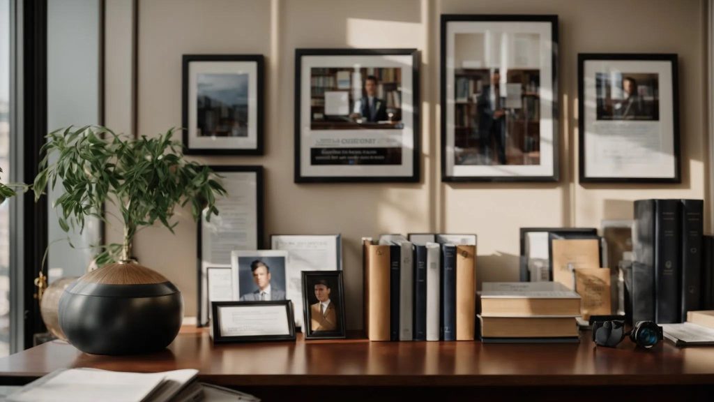 a confident long beach workers' compensation lawyer stands in a sunlit office, surrounded by legal books and framed success stories, embodying determination and advocacy for clients&rsquo; rights.