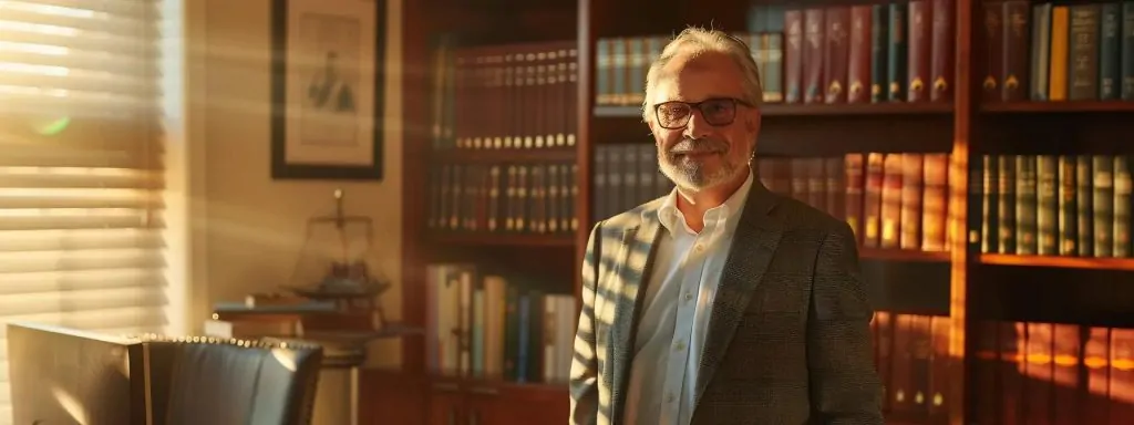 a confident workers' compensation attorney stands in a sunlit office, surrounded by legal books, exuding professionalism and readiness to advocate for injured clients in long beach.