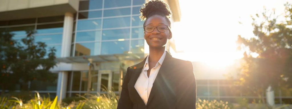 a confident workers' compensation lawyer stands in front of a modern long beach courthouse, exuding professionalism and determination, with strong sunlight illuminating the scene and casting dramatic shadows.