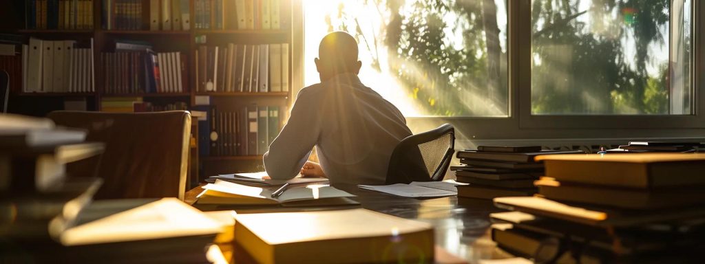 a contemplative figure sits at a desk in a sunlit office, surrounded by legal books and papers, reflecting on the complexities of workers' compensation consultation fees.