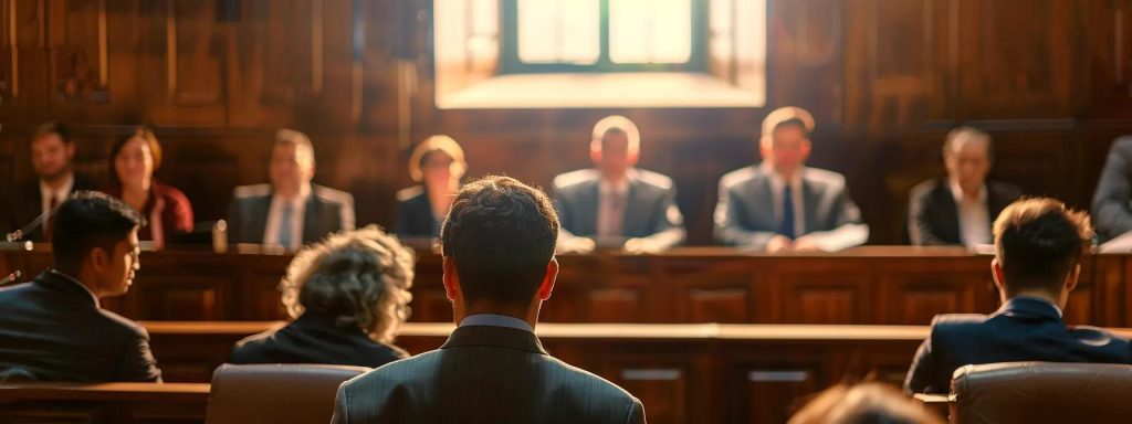 a determined attorney passionately presents a compelling argument in a well-lit courtroom, surrounded by impactful visual evidence and a backdrop of engaged jurors, emphasizing the critical role of advocacy in workers' compensation claims.