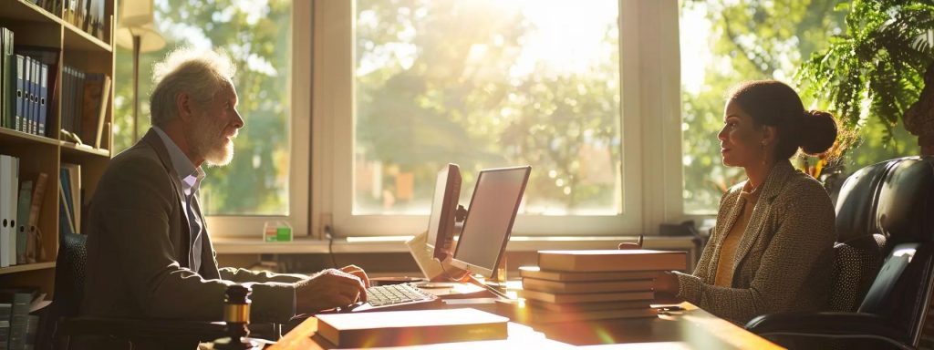 a determined individual sits across from a confident attorney in a sunlit office, surrounded by legal books and a computer, illustrating the critical moment of evaluating a workers' compensation attorney for justice.