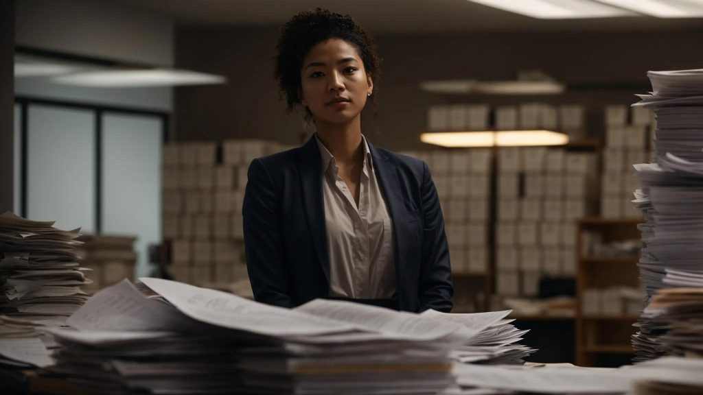 a determined individual stands confidently in a dimly lit office, surrounded by stacks of paperwork and legal documents, embodying the struggle and resilience of self-representation in workers' compensation cases.
