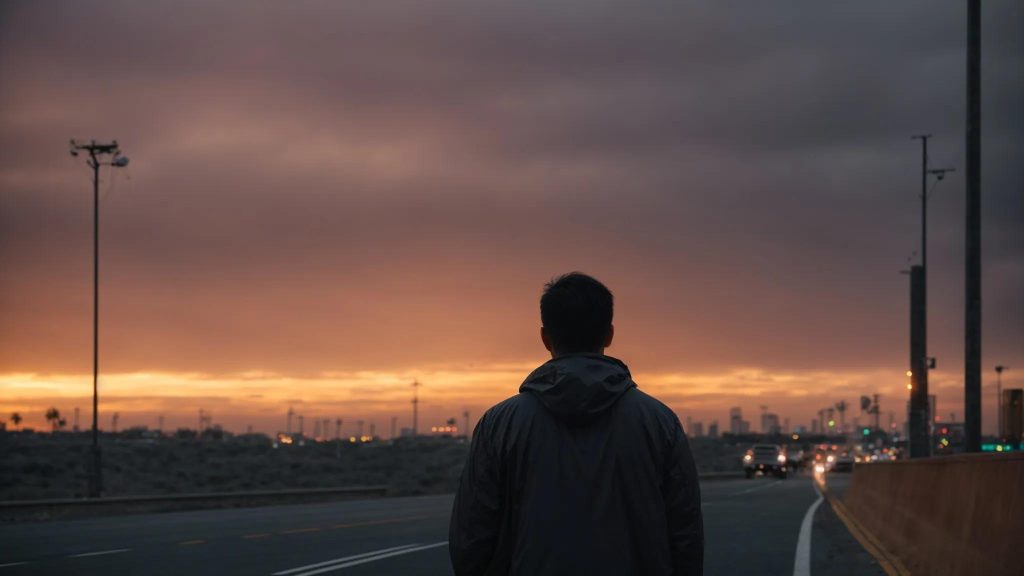 a determined individual stands resolutely at the edge of a bustling highway, the warm glow of sunset illuminating their face as they contemplate the intricate challenges of navigating the complex long beach injury claim process.