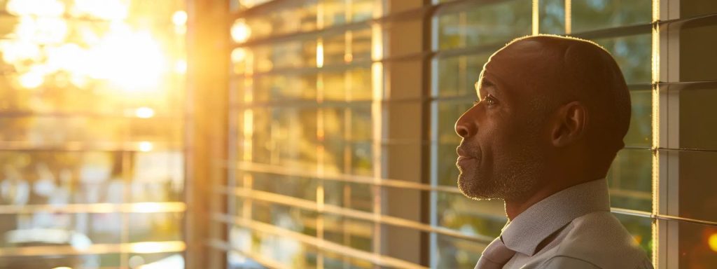 a determined injured worker gazes thoughtfully out of a sunlit window, reflecting on the complexities and anticipated durations of their workers' compensation case, surrounded by a calm and professional office environment.