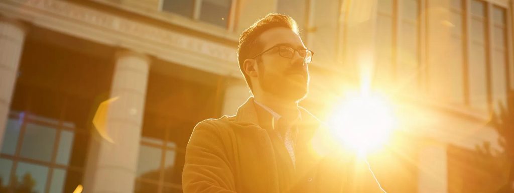 a determined worker stands confidently before a courthouse, embodying the empowerment and support gained through professional legal representation in workers' compensation claims, with sunlight casting a warm glow that symbolizes hope and recovery.
