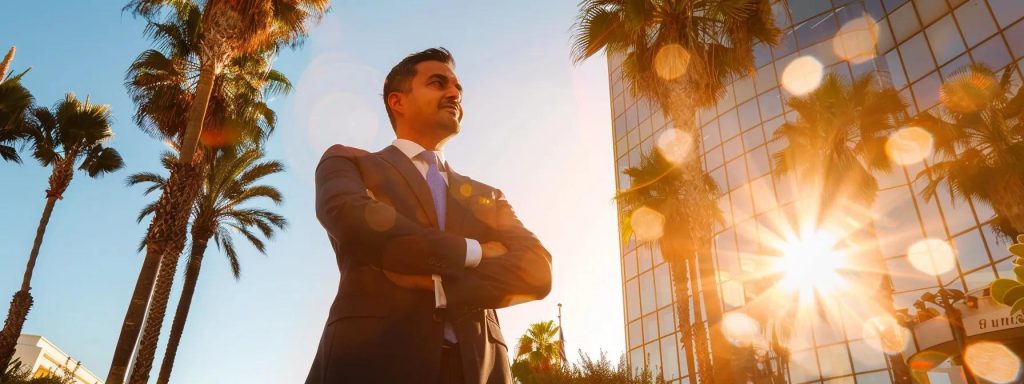 a determined workers' compensation attorney stands confidently in front of a courthouse in long beach, with sunlit palm trees reflecting the vibrant spirit of the community, symbolizing the commitment to securing justice for clients facing occupational injuries.