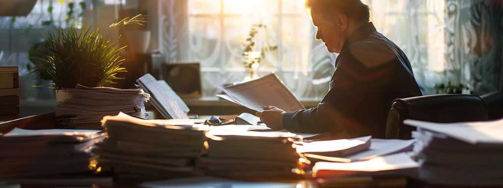a focused and determined individual sits at a modern desk, surrounded by organized piles of essential documentation, including medical records and witness statements, with a soft, warm light illuminating their intent expression as they prepare for a pivotal negotiation with their workers' comp attorney.