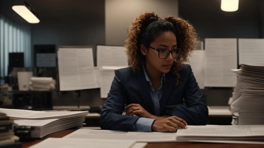 a focused and dramatic portrayal of a determined individual in a long beach office, surrounded by documents and charts that symbolize the complexities and hidden costs of workers' compensation cases, illuminated by soft, warm lighting to evoke a sense of urgency and clarity.