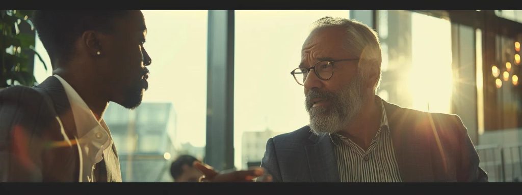 a focused and empathetic attorney engages in a sincere conversation with an injured worker, illuminated by soft, natural light, set against a backdrop of a welcoming office, symbolizing trust and effective communication in navigating workers' compensation claims.