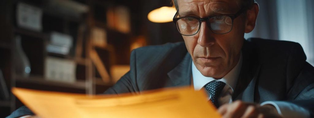a focused close-up of a confident lawyer seated at a sleek desk, reviewing a detailed fee structure document under warm, inviting office lighting, symbolizing the clarity and transparency essential in selecting the right workers' compensation attorney.