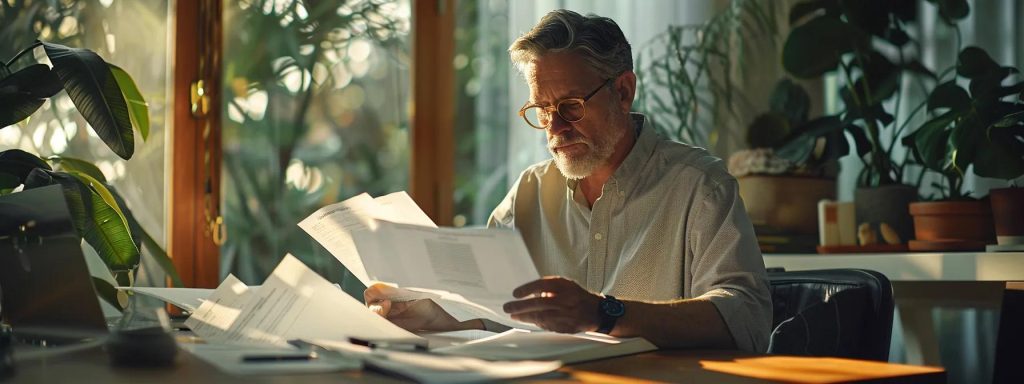 a focused image of a thoughtful individual reviewing multiple insurance policy documents on a sleek desk, illuminated by soft natural light, highlighting the importance of choosing the right coverage for financial planning.