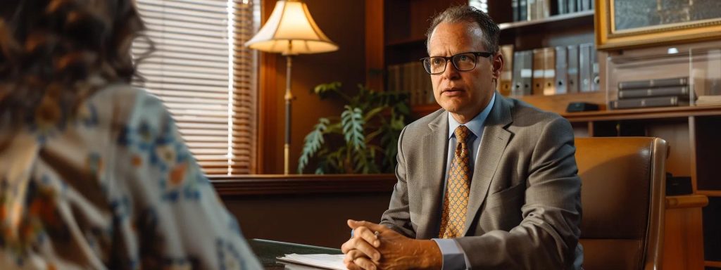 a focused, impassioned attorney discussing transparent fee structures and flexible payment plans with a client, illuminated by warm, inviting office lighting that conveys trust and professionalism.