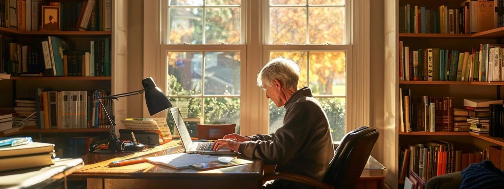 a focused individual sits at a wooden desk in a cozy study, illuminated by warm, natural light streaming through a window, surrounded by open law books and a laptop, deeply engaged in learning about workers' compensation laws.