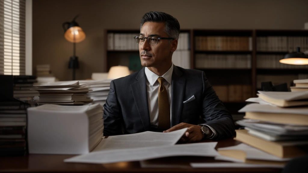a focused long beach workers' compensation attorney stands confidently in an office, surrounded by legal documents and case files, with a warm, inviting light illuminating their determined expression as they prepare to advocate for injured workers.