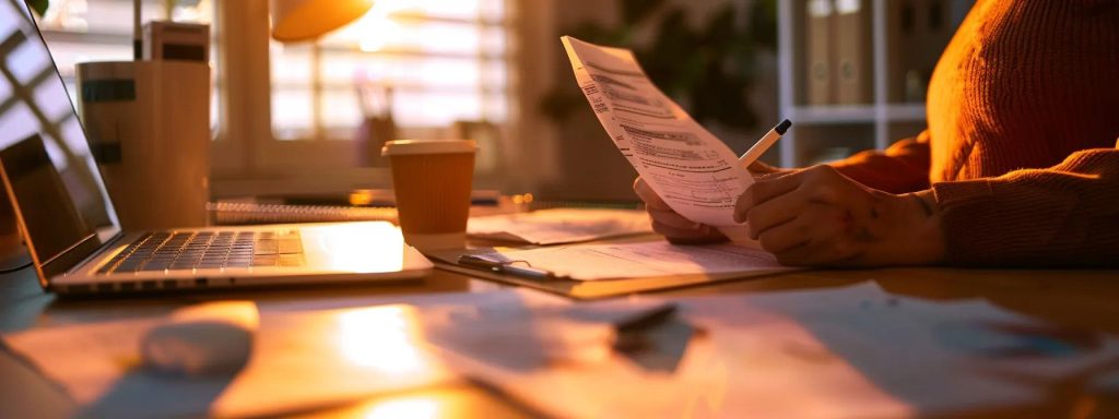 a focused office scene captures an injured employee seated at a desk, diligently completing a workers' compensation claim form, surrounded by supportive medical documents and a glowing laptop, all illuminated by natural light streaming through a nearby window.