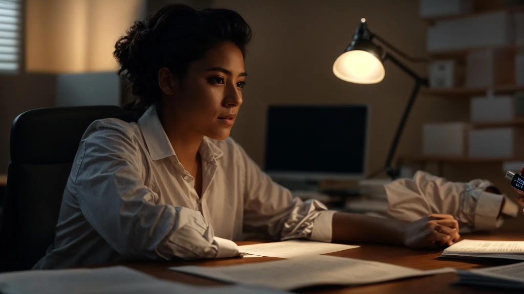 a focused portrait of a determined injured worker seated at a desk, surrounded by legal documents and a computer, illuminated by warm, soft lighting that conveys a sense of hope and resilience in navigating the complexities of hiring a workers' compensation lawyer.