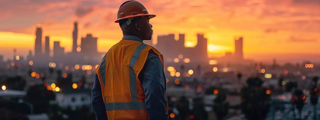 a powerful image captures a determined worker standing confidently in front of a long beach skyline, symbolizing empowerment and support in navigating the complexities of workers' compensation.