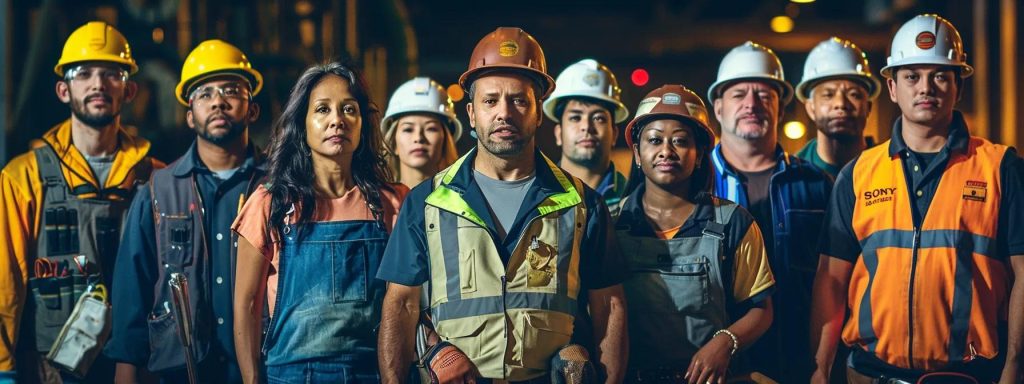 a powerful image capturing a diverse group of workers in safety gear standing united in front of a workplace setting, symbolizing strength and advocacy for injury rights under long beach's safety standards, illuminated by soft natural light emphasizing the urgency of workplace safety.