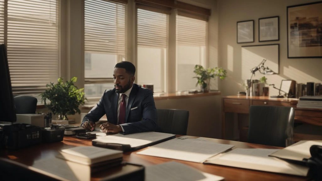 a powerful scene capturing the essence of a determined workers' compensation attorney in an office setting, surrounded by symbolic representations of workplace injuries, illuminated by warm natural light filtering through the window, emphasizing resilience and hope for injured workers in long beach.