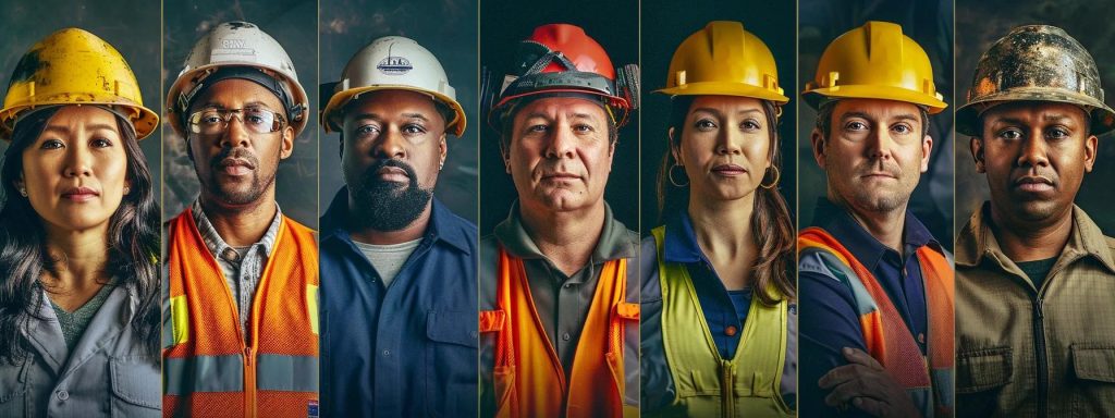 a powerful visual depicting a diverse group of workers in a variety of occupational settings, focused on their safety, resilience, and the support of a protective workers' compensation system, illuminated by warm, natural lighting that emphasizes unity and strength.