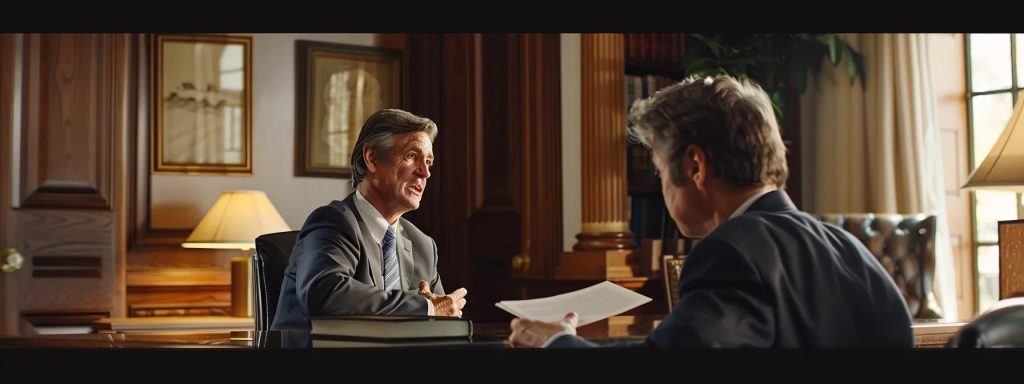 a professional-looking attorney confidently discusses a case with a concerned client in a warmly lit office, highlighting the trust and clarity in navigating workers' compensation complexities.