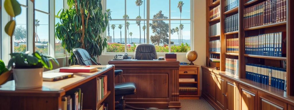 a professional attorney's office in long beach, featuring a polished wooden desk, bookshelves lined with legal textbooks, and a window showcasing a sunny california beach view, symbolizing the expertise and support available to workers navigating compensation cases.