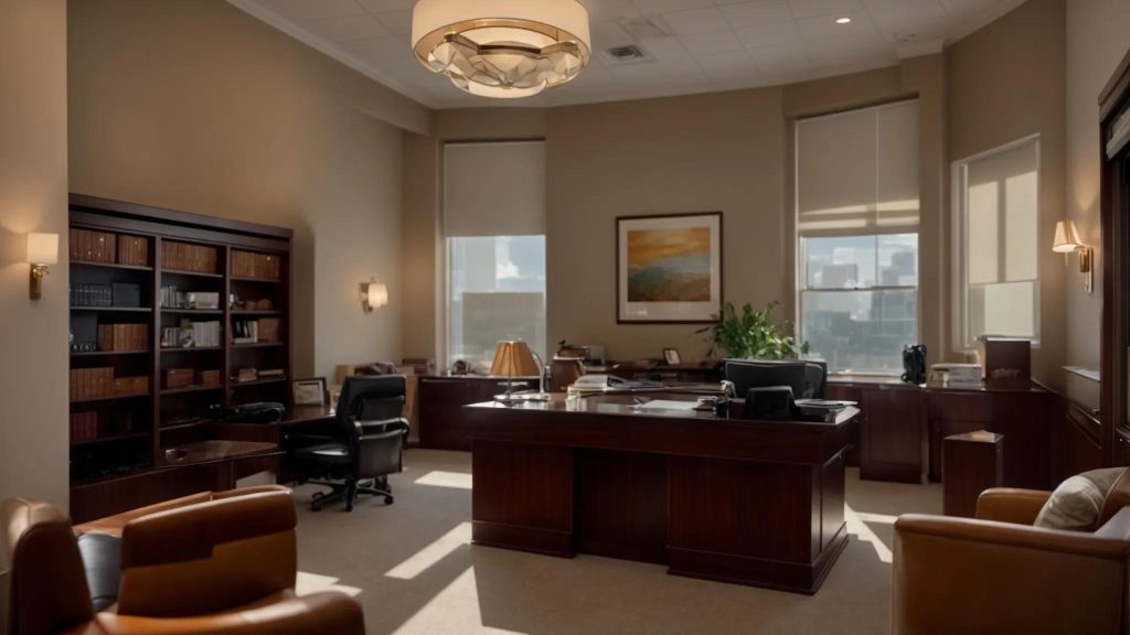 a professional attorney's office in long beach, featuring a neatly arranged desk with legal documents and case files, bathed in warm, natural light, symbolizing clarity and guidance in workers' compensation cases.