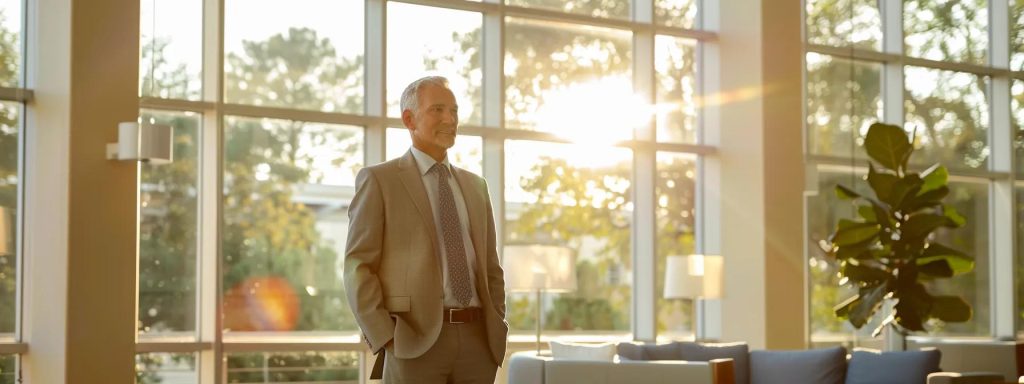 a seasoned workers' compensation attorney confidently discusses a client's case in a modern office, illuminated by soft natural light filtering through large windows, conveying expertise and reassurance.