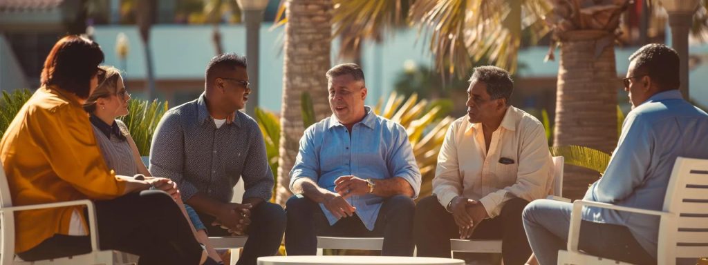 a serene scene in long beach showcases a group of determined individuals engaged in a supportive discussion outside an advocacy organization, symbolizing hope and collaboration for injured workers navigating the complexities of workers' compensation claims.