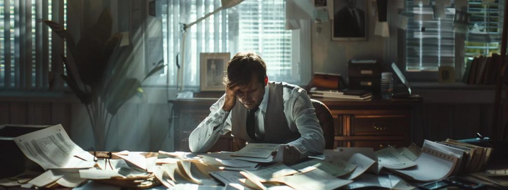 a tense, dramatic portrayal of an injured worker surrounded by looming bills and medical reports, emphasizing the financial turmoil and urgency of seeking legal assistance in a well-lit office environment.