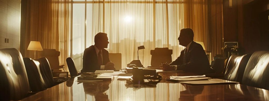 a tense negotiation scene unfolds in a well-lit, modern conference room, showcasing an injured worker and an insurance adjuster engaged in a serious discussion, with papers and settlement agreements prominently displayed on the table, highlighting the high stakes of the workers' compensation process.