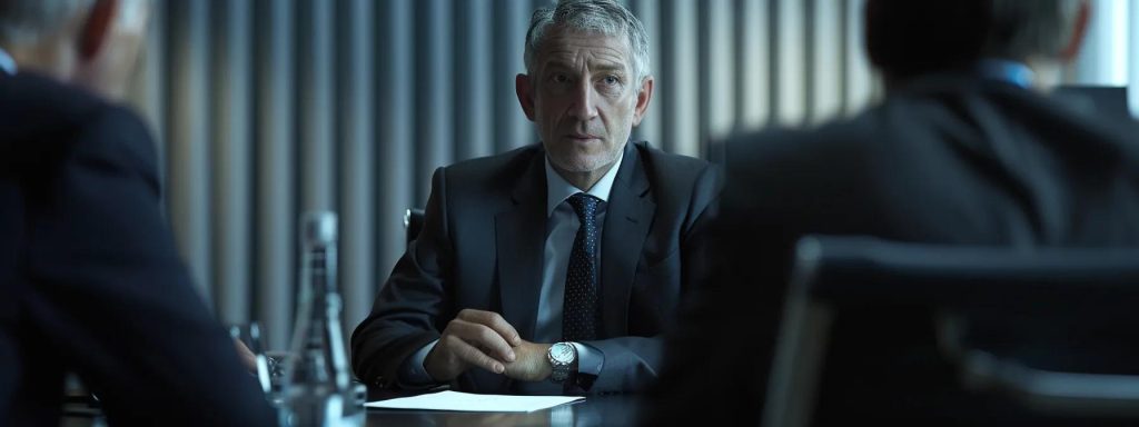 a tense negotiation setting unfolds, showcasing a well-dressed mediator sitting at a polished conference table, with focused expressions reflecting the high stakes and emotional weight of the discussion.