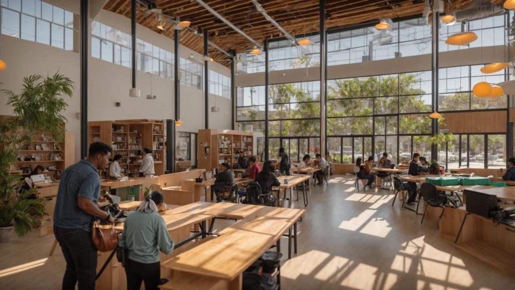 a vibrant community resource center in long beach bustling with residents engaged in educational workshops about workers' compensation, illuminated by warm, inviting lighting that fosters a sense of support and empowerment.
