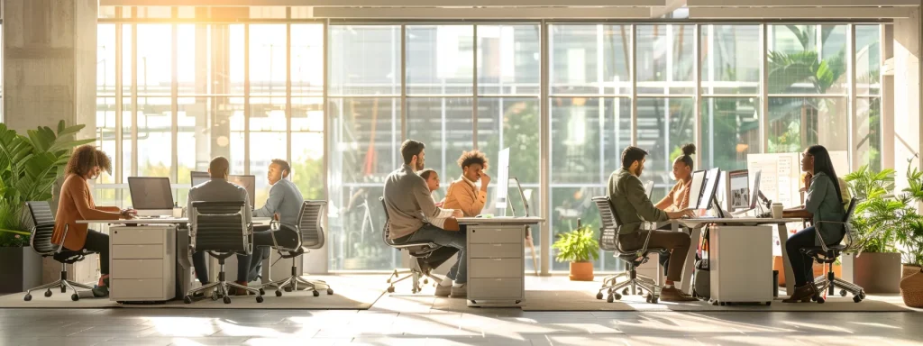 a brightly lit office scene captures a diverse group of employees engaged in an ergonomic training session, demonstrating proper lifting techniques and showcasing adjustable workstations to emphasize workplace safety and injury prevention.