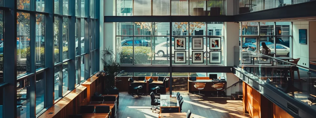 a bustling law office adorned with framed positive client testimonials, illuminated by natural light filtering through large windows, symbolizes the vital role of client feedback in enhancing the reputation and effectiveness of auto crash law firms.