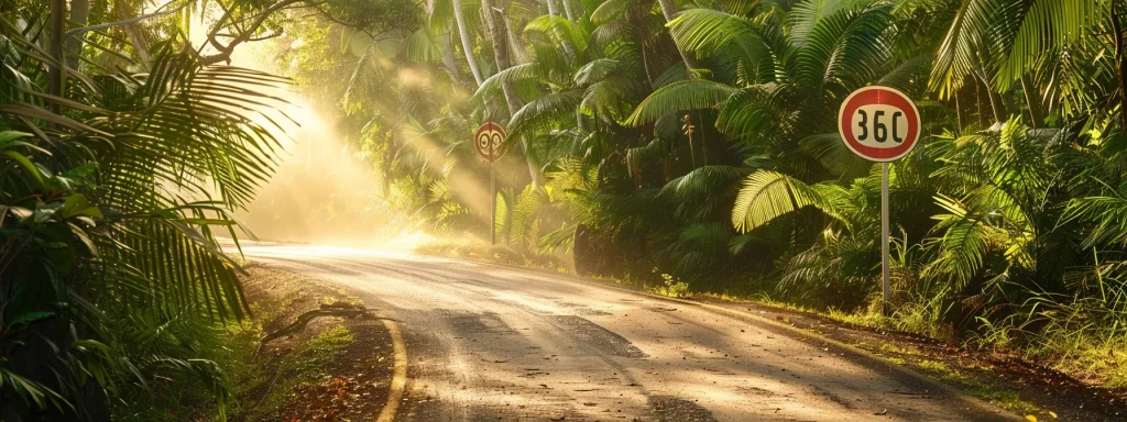 a captivating roadside scene showcases a vibrant speed limit sign surrounded by lush greenery, emphasizing the importance of adhering to safe driving speeds in a serene, sunlit environment.