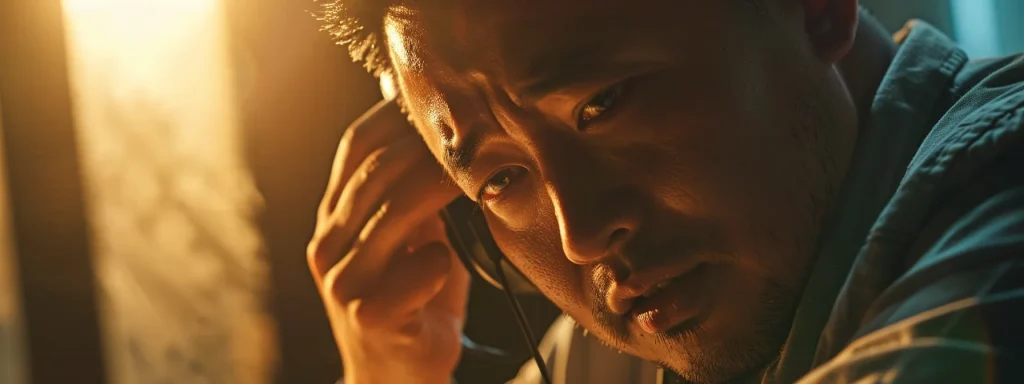 a close-up of a concerned individual engaging in a telephone conversation, illuminated by soft natural light, conveying the tension and uncertainty of navigating an insurance claim after an accident.