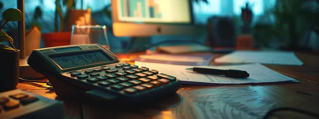 Calculator on a wooden desk with financial documents and a pen, representing expense estimation tools for workplace injury claims and financial planning.