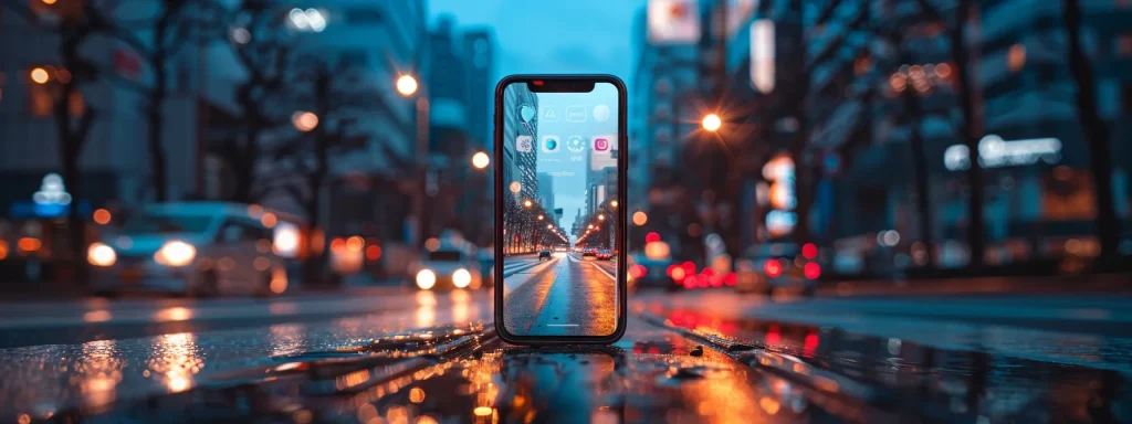 a close-up of a sleek smartphone displaying an auto insurance app, illuminated by soft, focused lighting, emphasizes the urgency and clarity of reporting an accident, set against a blurred background of a city street.