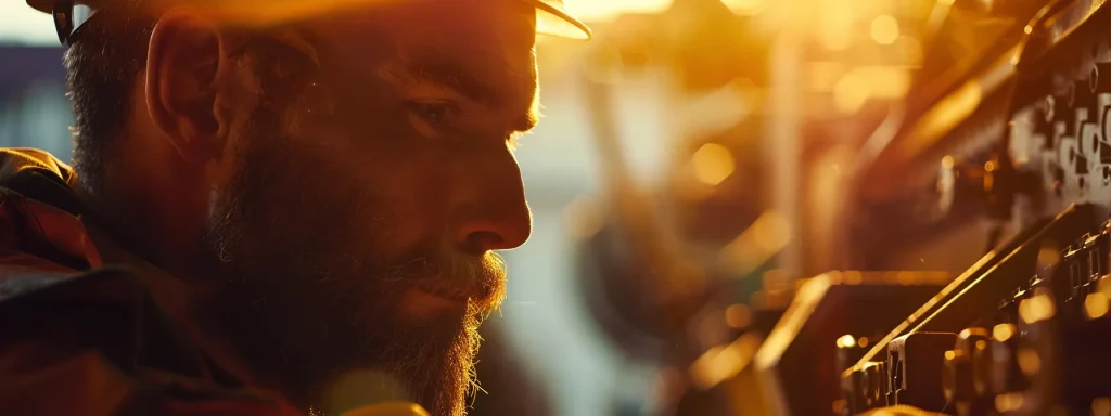 a close-up of a construction worker in a hard hat, gazing thoughtfully at a complex machinery interface, bathed in warm, natural sunlight, symbolizing the importance of understanding workers' compensation and safety in the workplace.