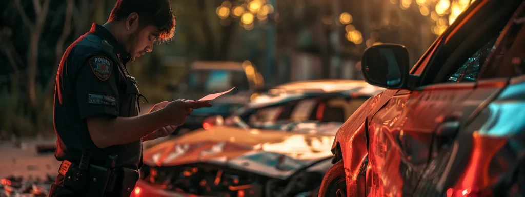 a close-up view of a police officer meticulously documenting a car accident scene, surrounded by two damaged vehicles, with an accident report and environmental details prominently visible in the foreground, under dramatic, natural lighting that highlights the seriousness of the situation.